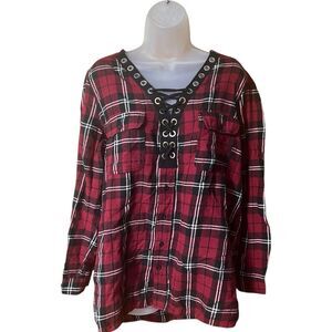 ActiveUSA Red Plaid Flannel Lace Up Button Front Shirt Sz Large Long Slv Grunge
